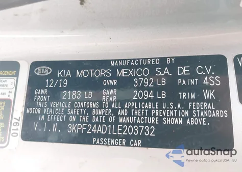 2020 Kia Forte Lxs из США, поврежденный, VIN 3KPF24AD1LE203732